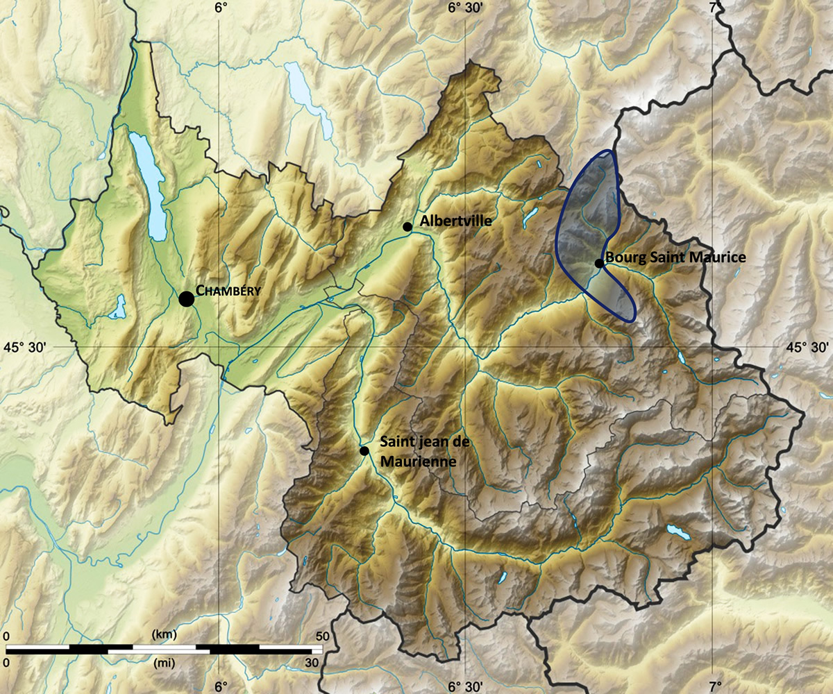 Localisation du territoire de Bourg-Saint-Maurice-Les-Arcs (Savoie), Source : Wikipédia, modifiée Localisation du territoire de Bourg-Saint-Maurice-Les-Arcs (Savoie), Source : Wikipédia, modifiée