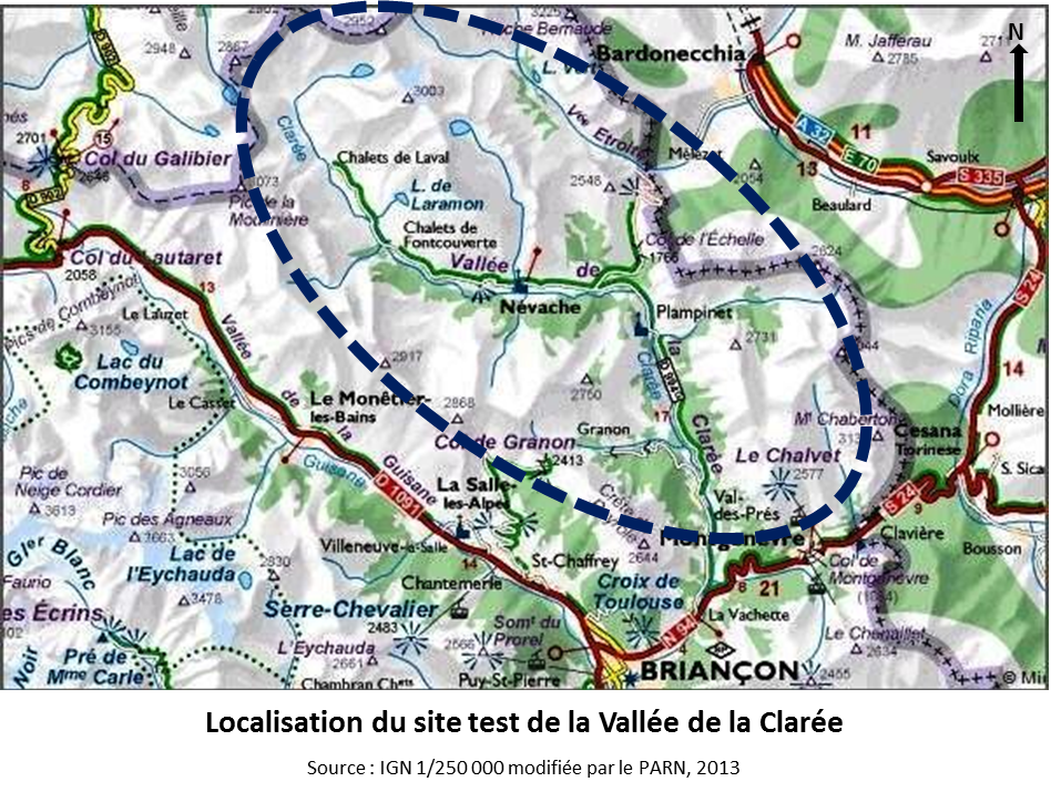 Localisation du site test de la vallée de la Clarée Localisation du site test de la vallée de la Clarée